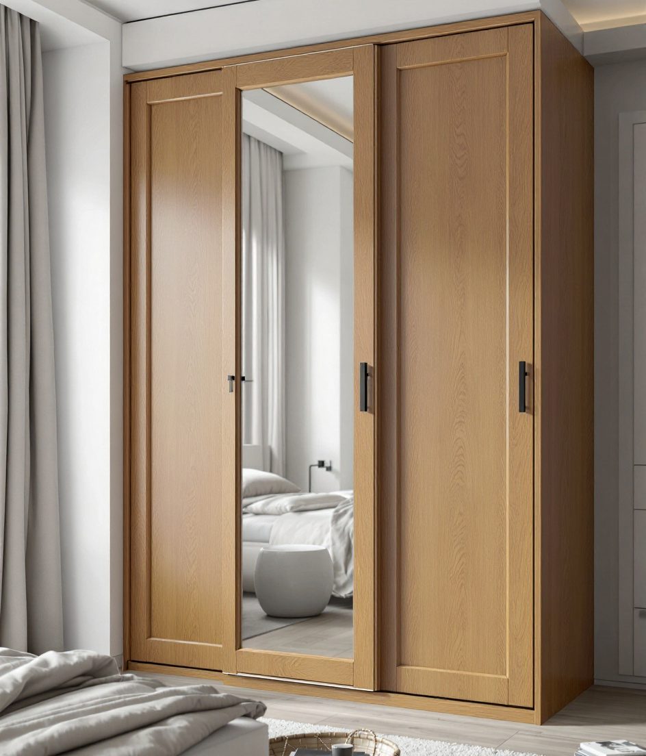 Mirror Sliding Two-Door Wardrobe — Warm Oak