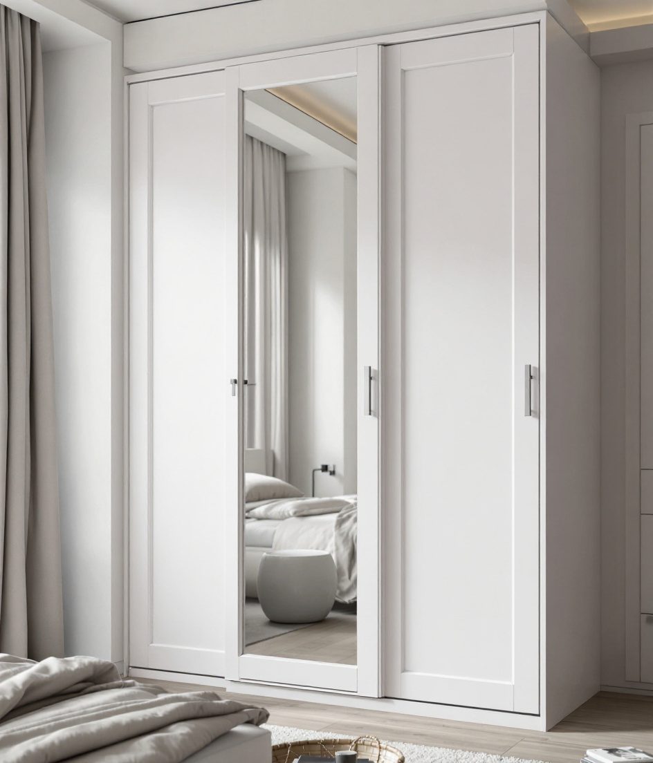 Mirror Sliding Two-Door Wardrobe — White Modern