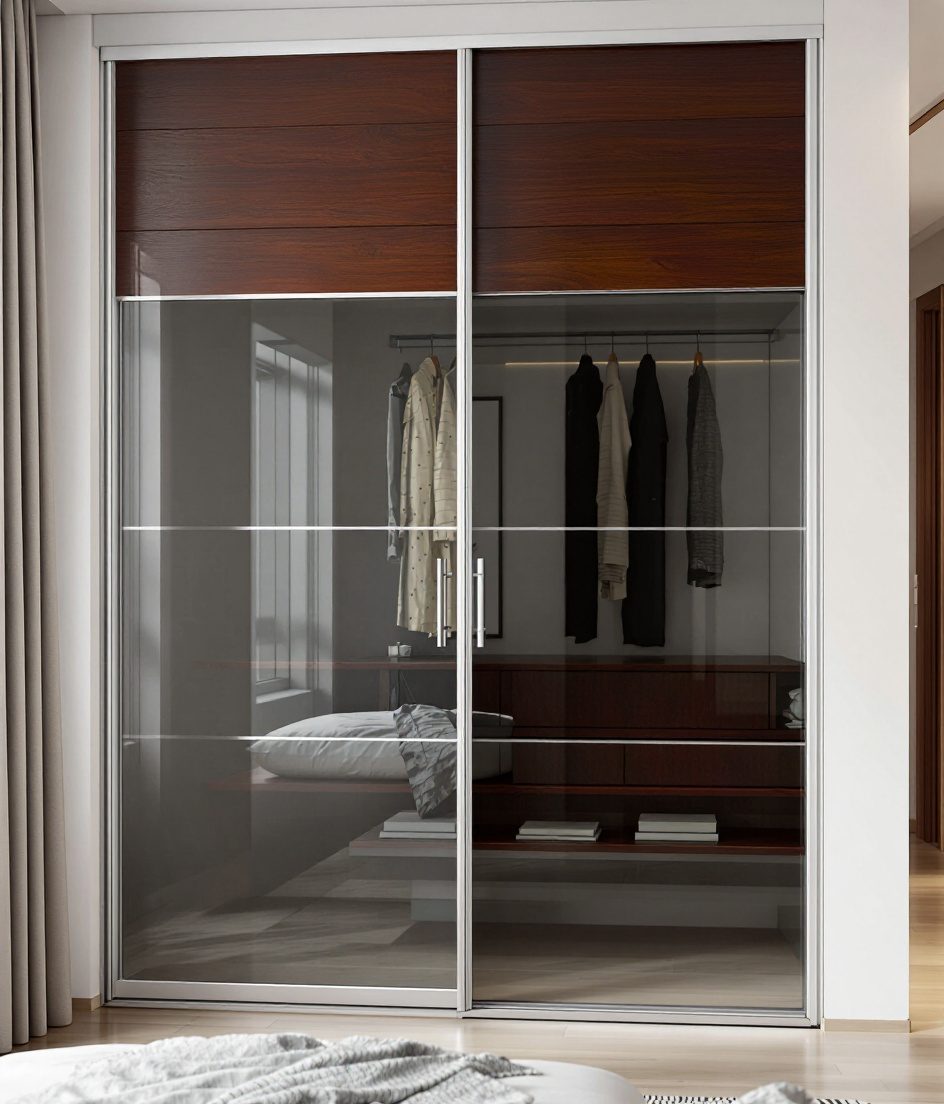 Frosted Glass Sliding Wardrobe — Walnut Classic