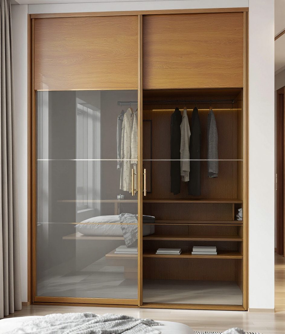 Frosted Glass Sliding Wardrobe — Warm Oak