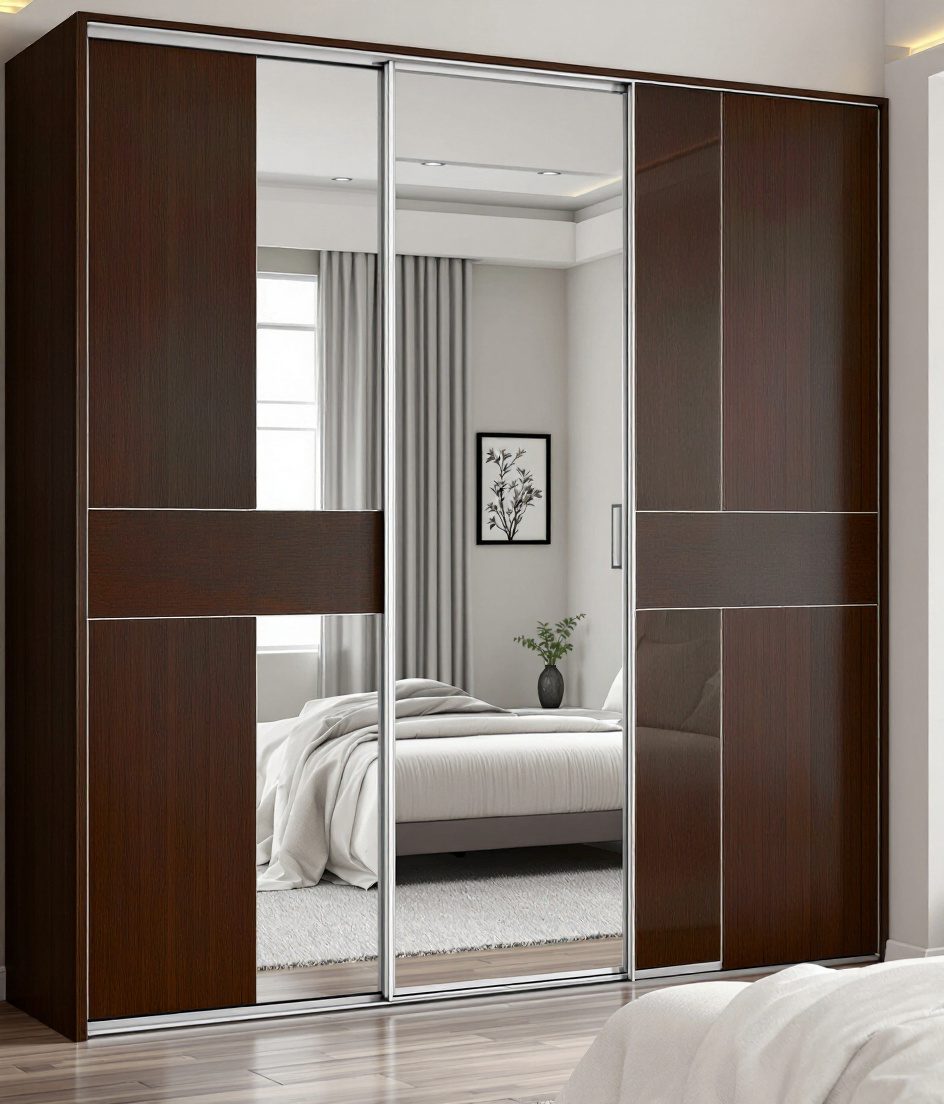 Sliding Wardrobe with Mirror — Walnut Classic