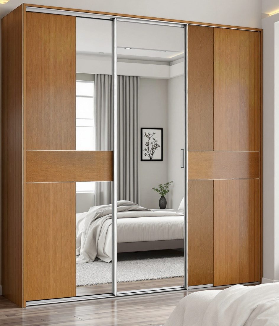 Sliding Wardrobe with Mirror — Warm Oak