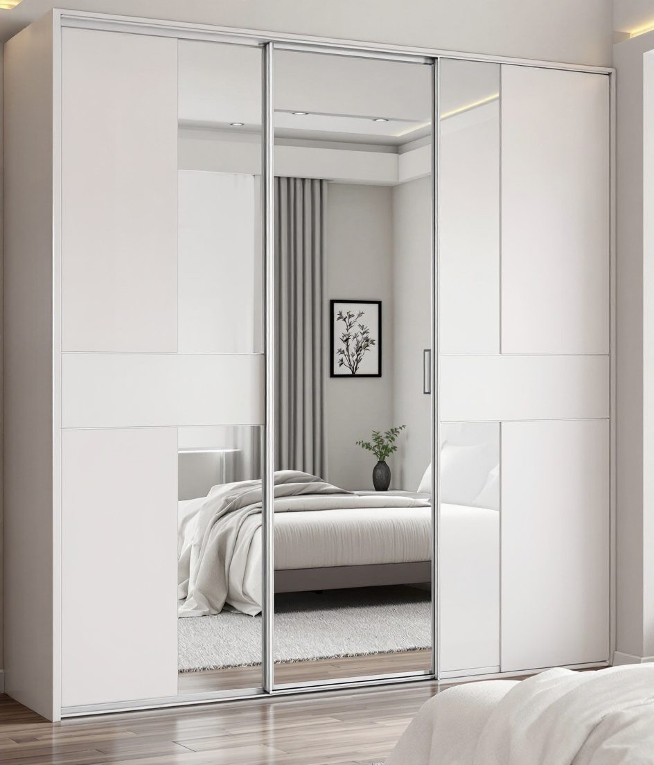 Sliding Wardrobe with Mirror — White Modern