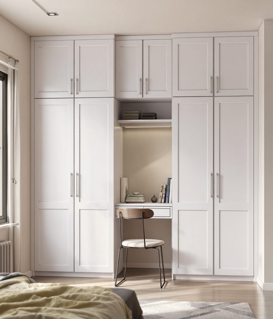 Wardrobe With Study Desk — White Modern