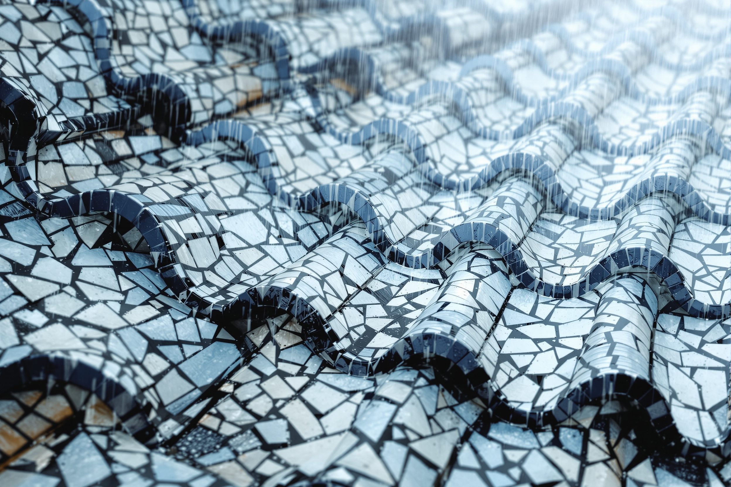 Close-up evoking a china-mosaic vault surface glistening in the rain