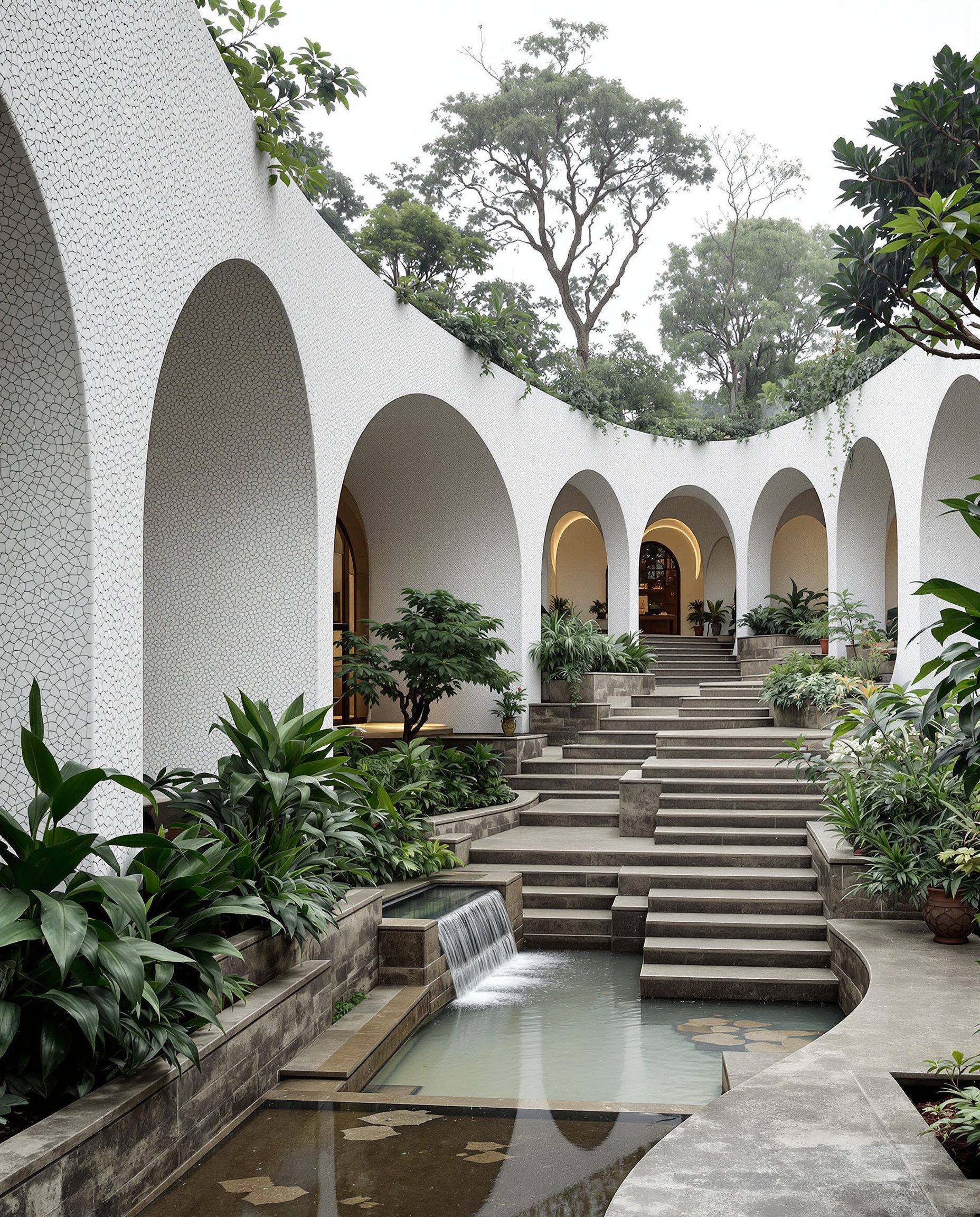 Illustration evoking terraced water channels descending through a vaulted studio's landscape