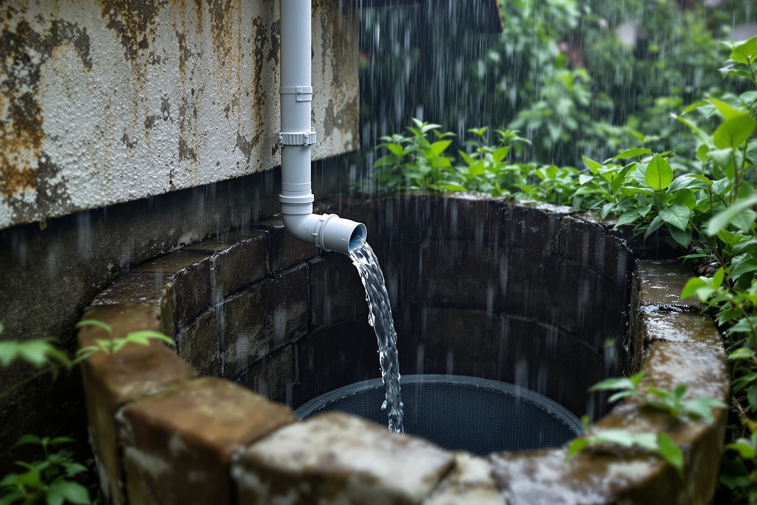 A rainwater-harvesting recharge pit and filtered downpipe at an Indian home in the rain