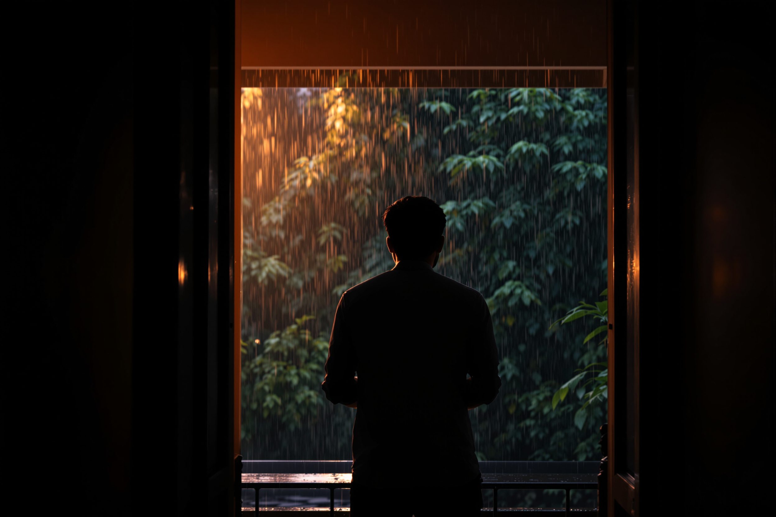 A figure at a verandah threshold watching the monsoon rain fall on green foliage