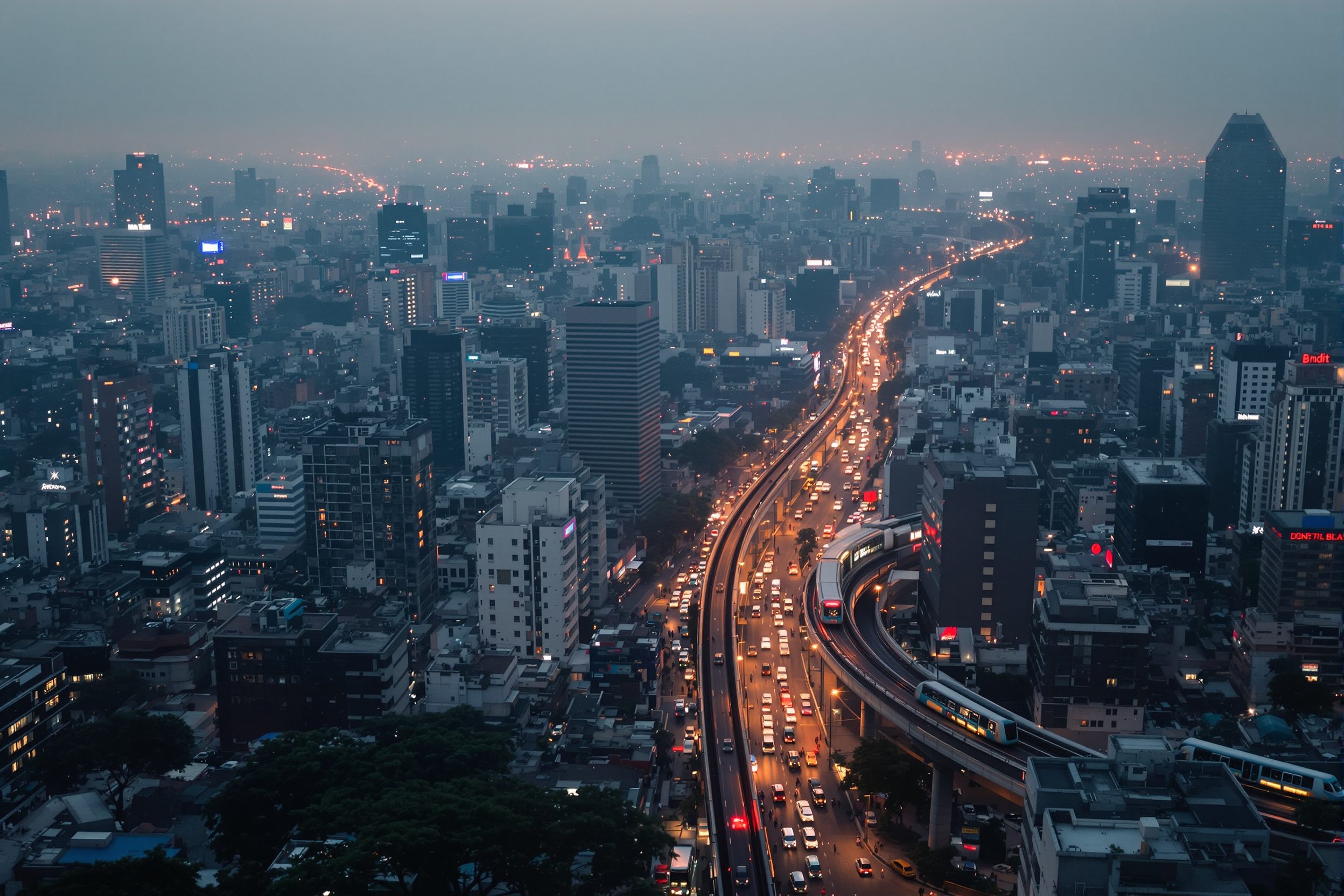 A dense Indian megacity at dusk — closely packed buildings and a busy arterial road