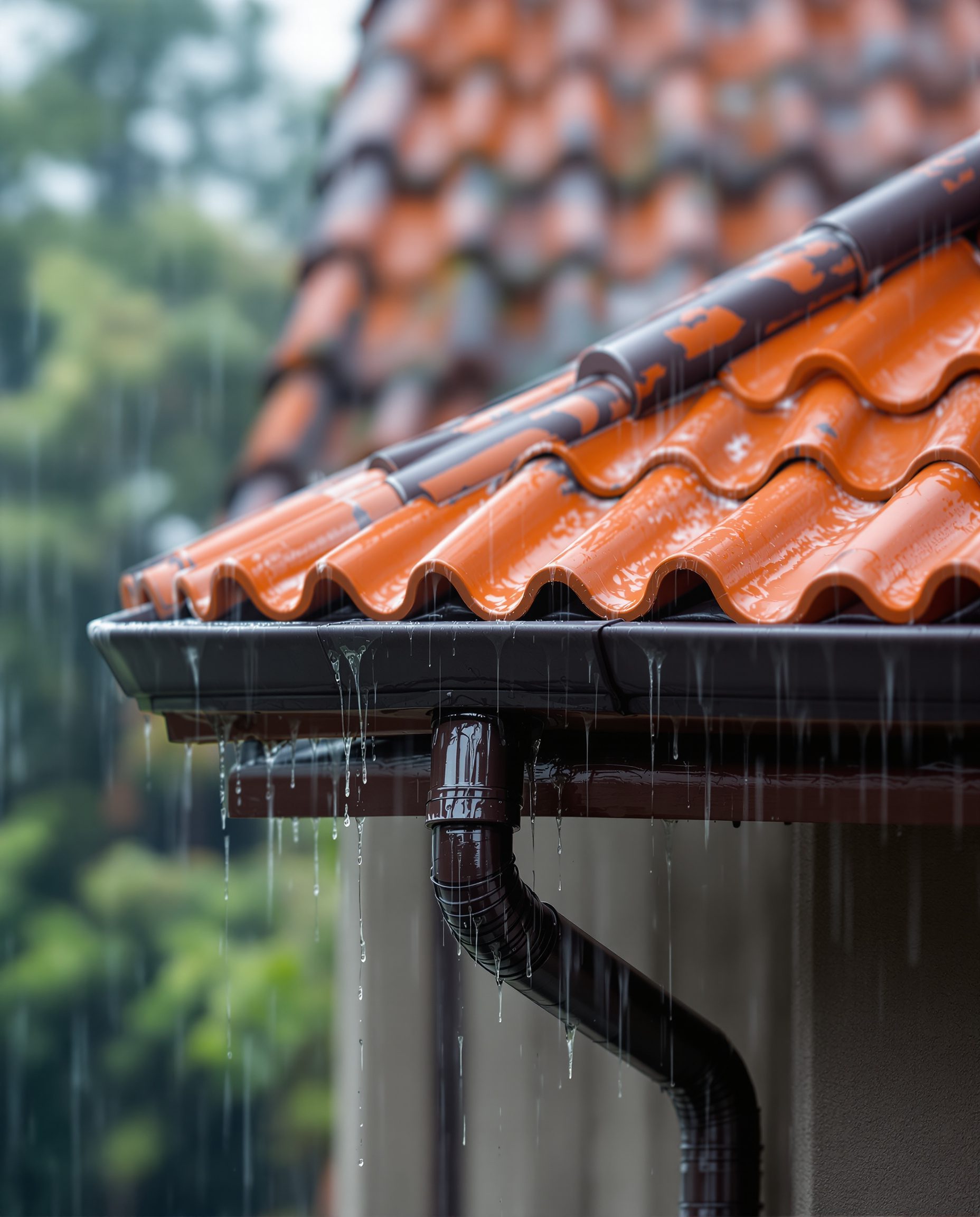 A gutter and downpipe catching rain at the deep overhang of a tiled roof