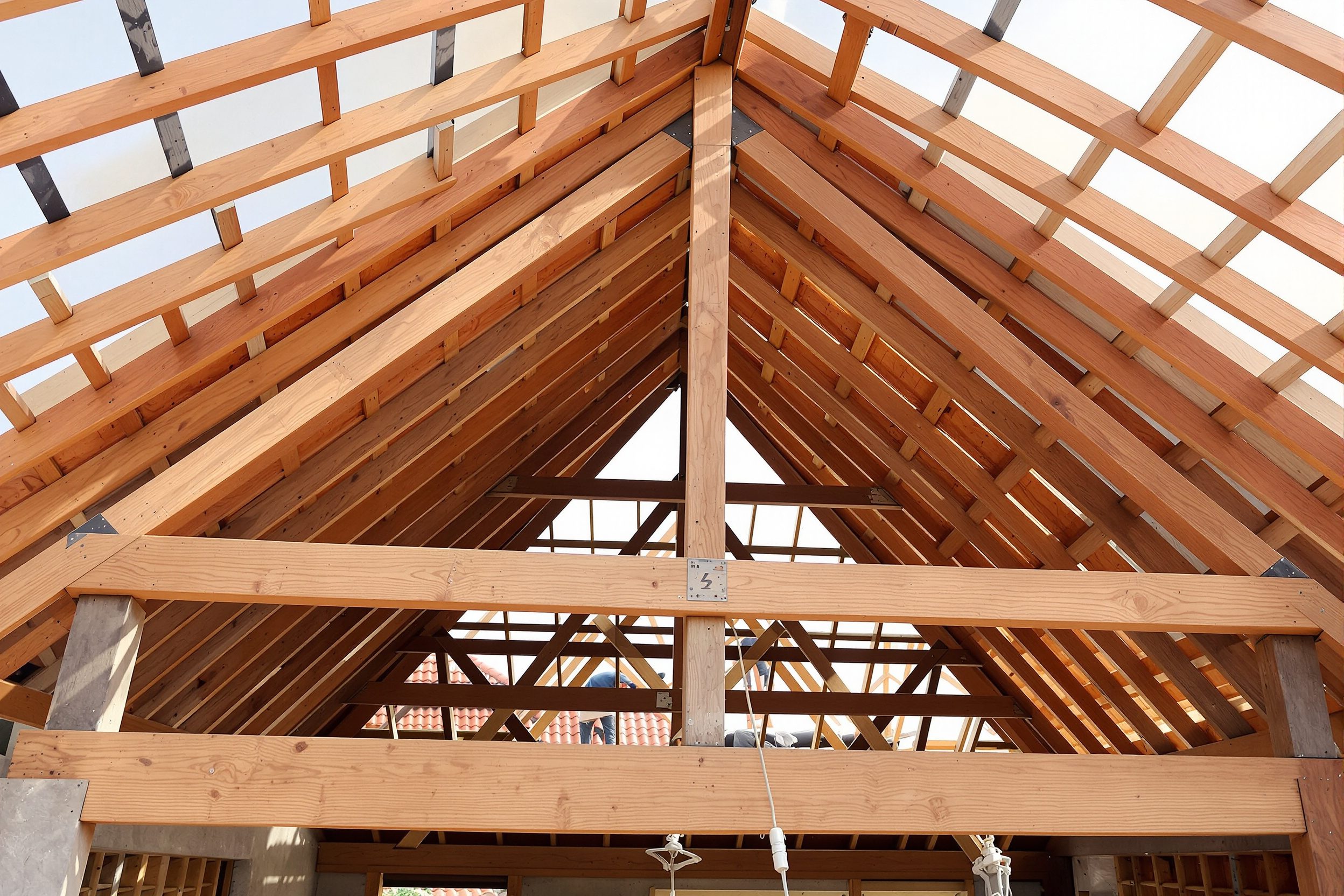 Exposed timber rafters and purlins of a sloped roof under construction, tiles being laid on battens