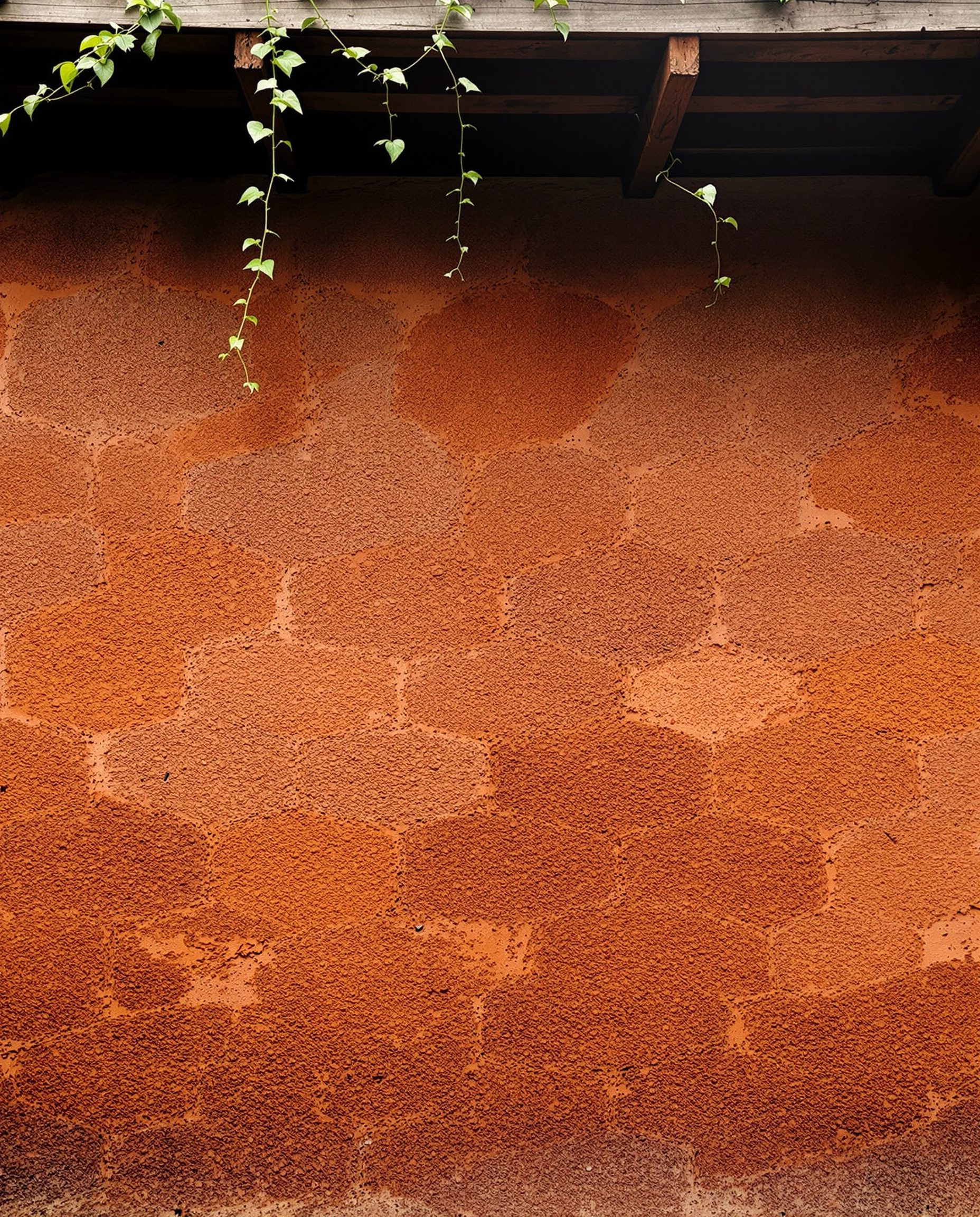 An exposed, weathered laterite stone wall under a timber eave on a coastal Indian home