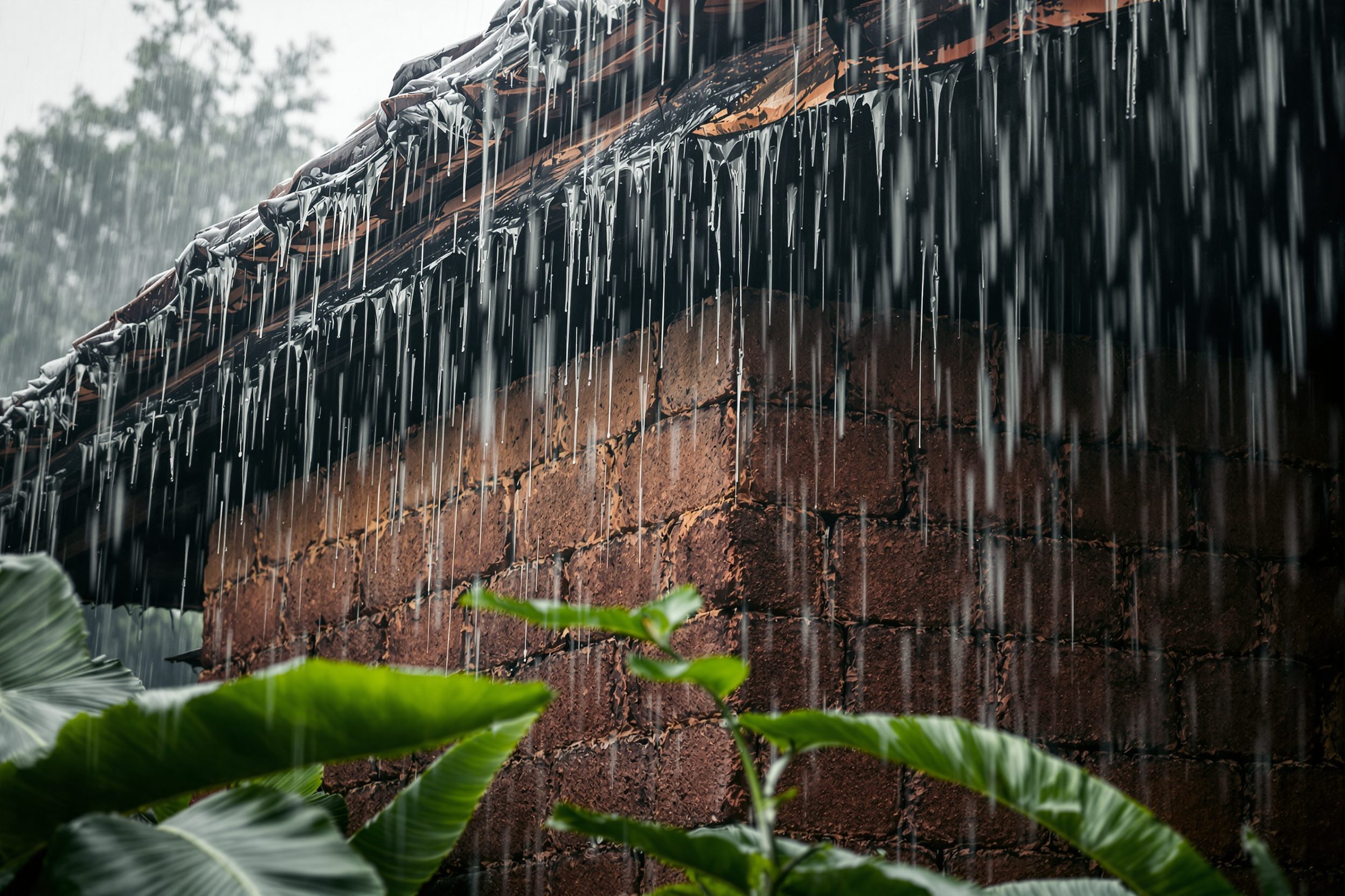 Rain streaming down an exposed laterite stone wall during the monsoon