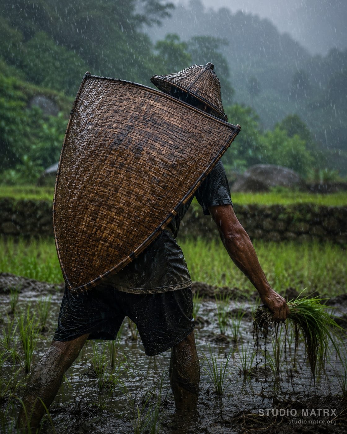 A Khasi farmer wearing a knup — a boat-shaped, full-body cane-and-bamboo rain shield — planting rice in a flooded paddy during heavy rain