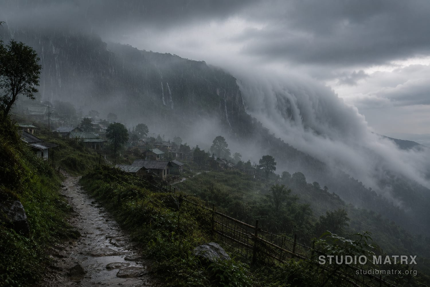 Monsoon cloud pouring off the Meghalaya plateau over a misty hillside village and a wet stone path