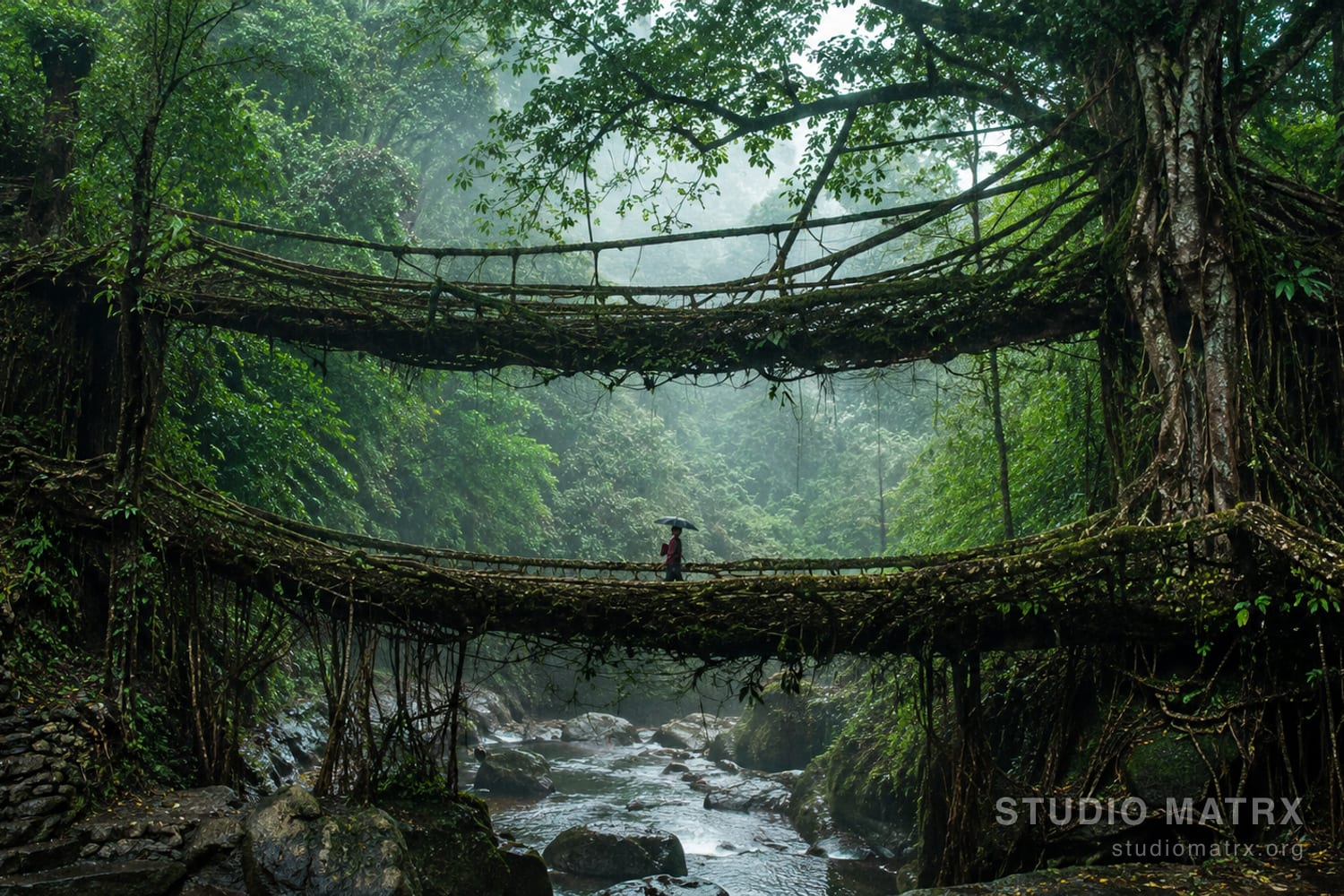 A living root bridge in Meghalaya — aerial fig roots grown across a river into a walkable double-decker span in misty rainforest