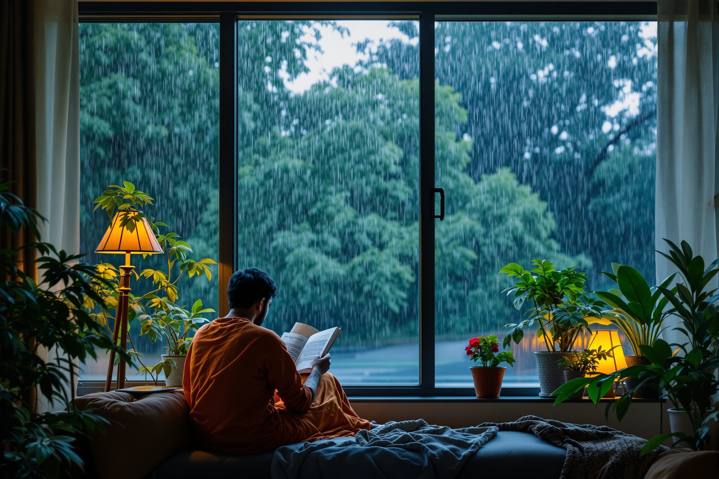 A calm, dry living room during heavy rain, warm lamplight inside