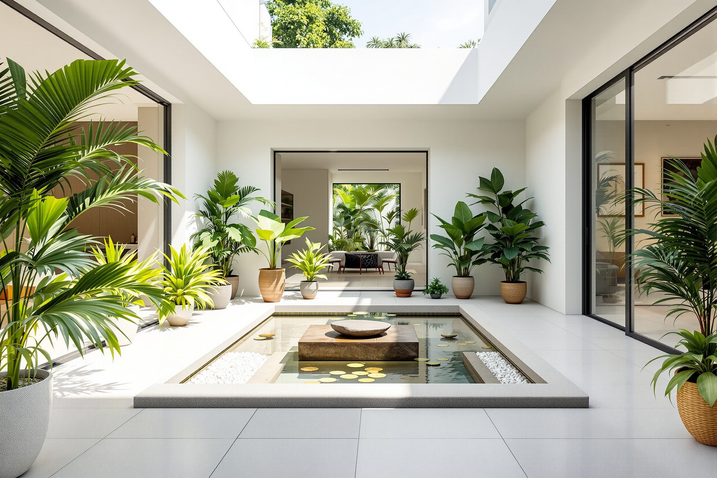 A bright contemporary courtyard with greenery and a water feature