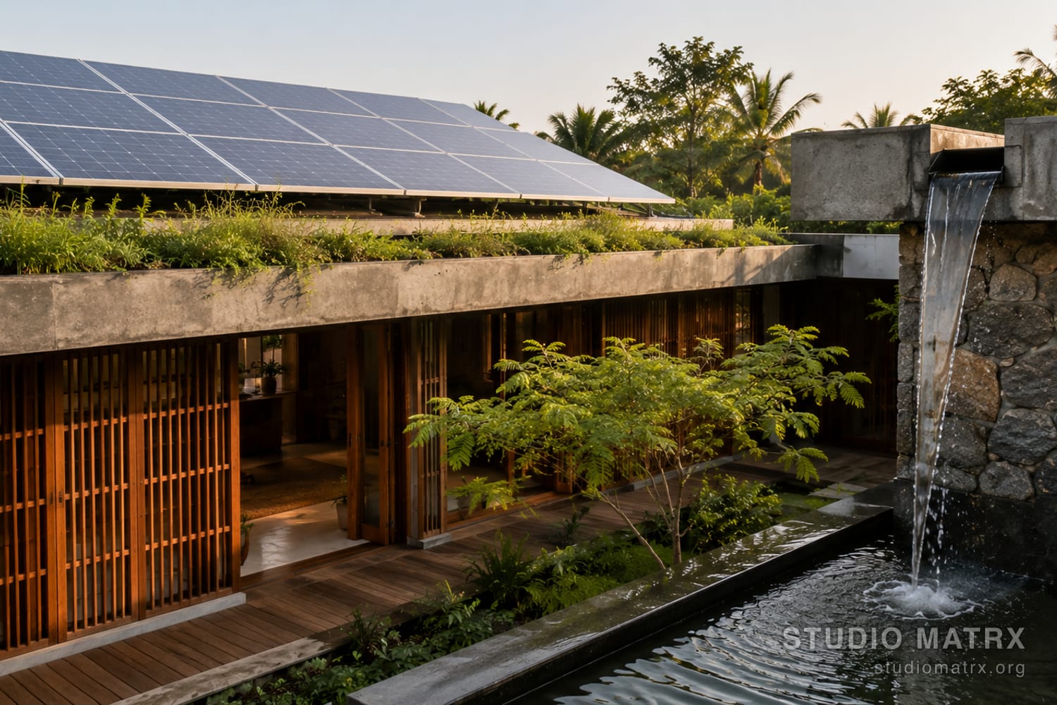 A modern Indian home with rooftop solar panels, a green roof and a water body in a tropical garden