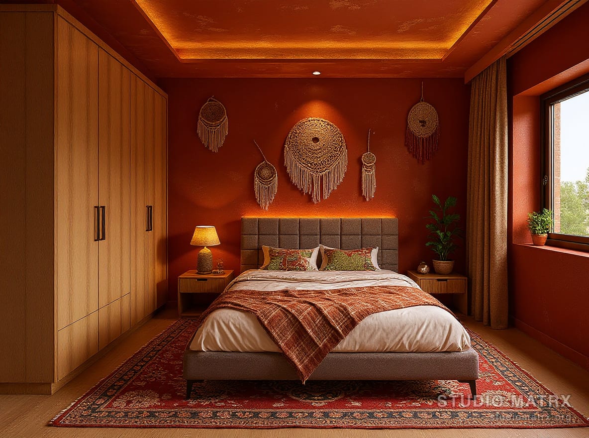 Bohemian bedroom with layered textiles