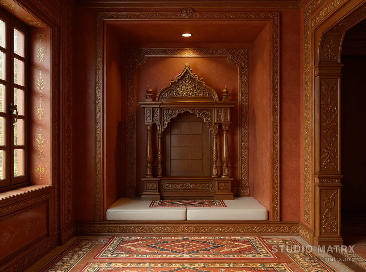 Traditional Indian pooja room with carved mandir