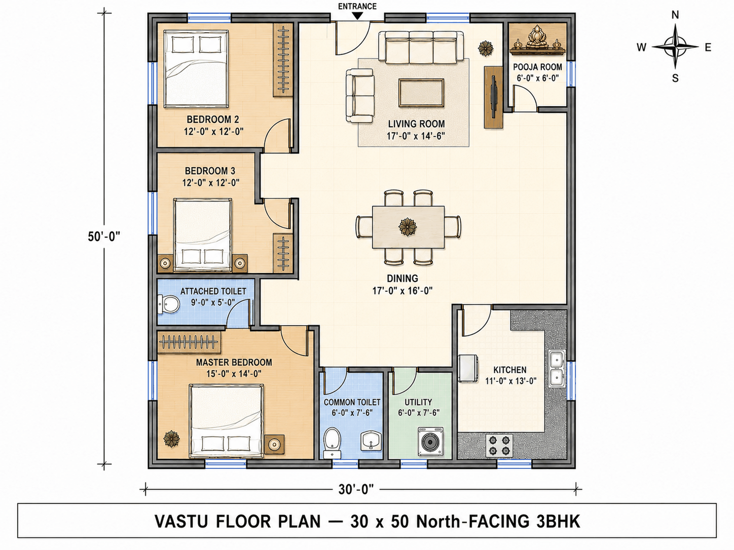 30 × 50 North-Facing 3BHK — Vastu floor plan