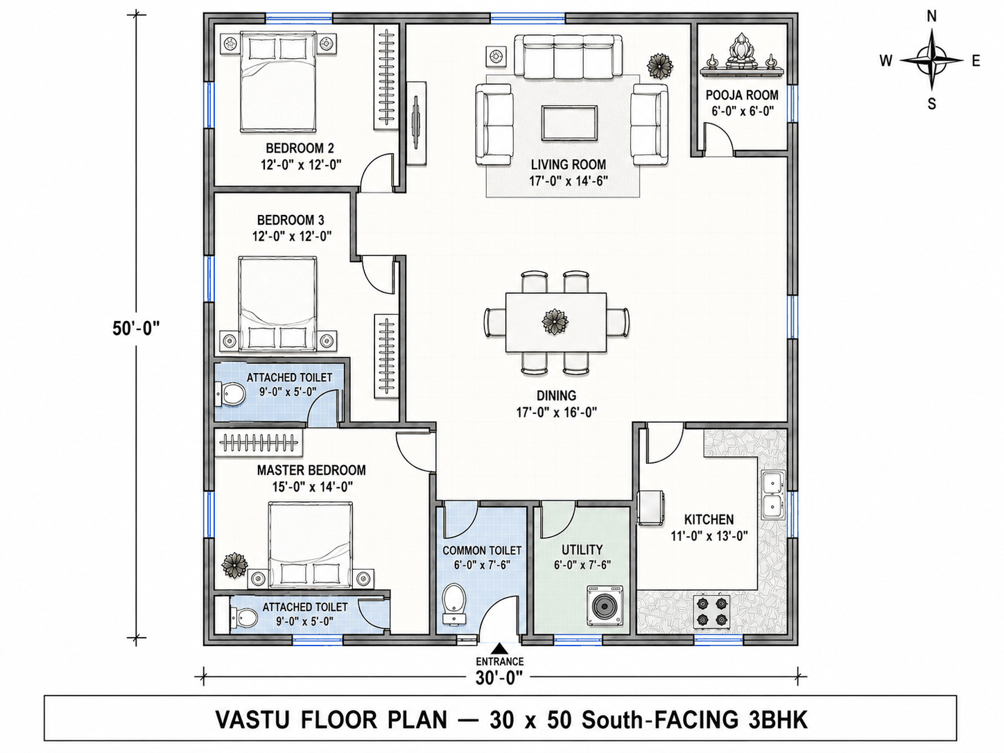 30 × 50 South-Facing 3BHK — Vastu floor plan