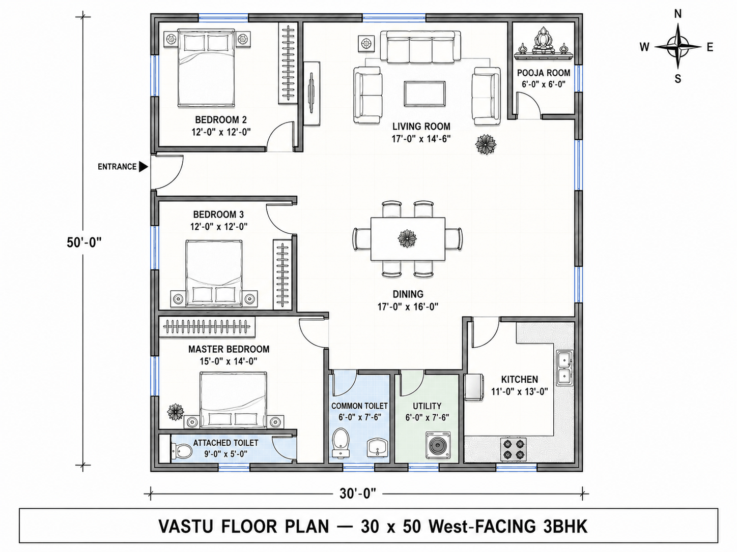 30 × 50 West-Facing 3BHK — Vastu floor plan