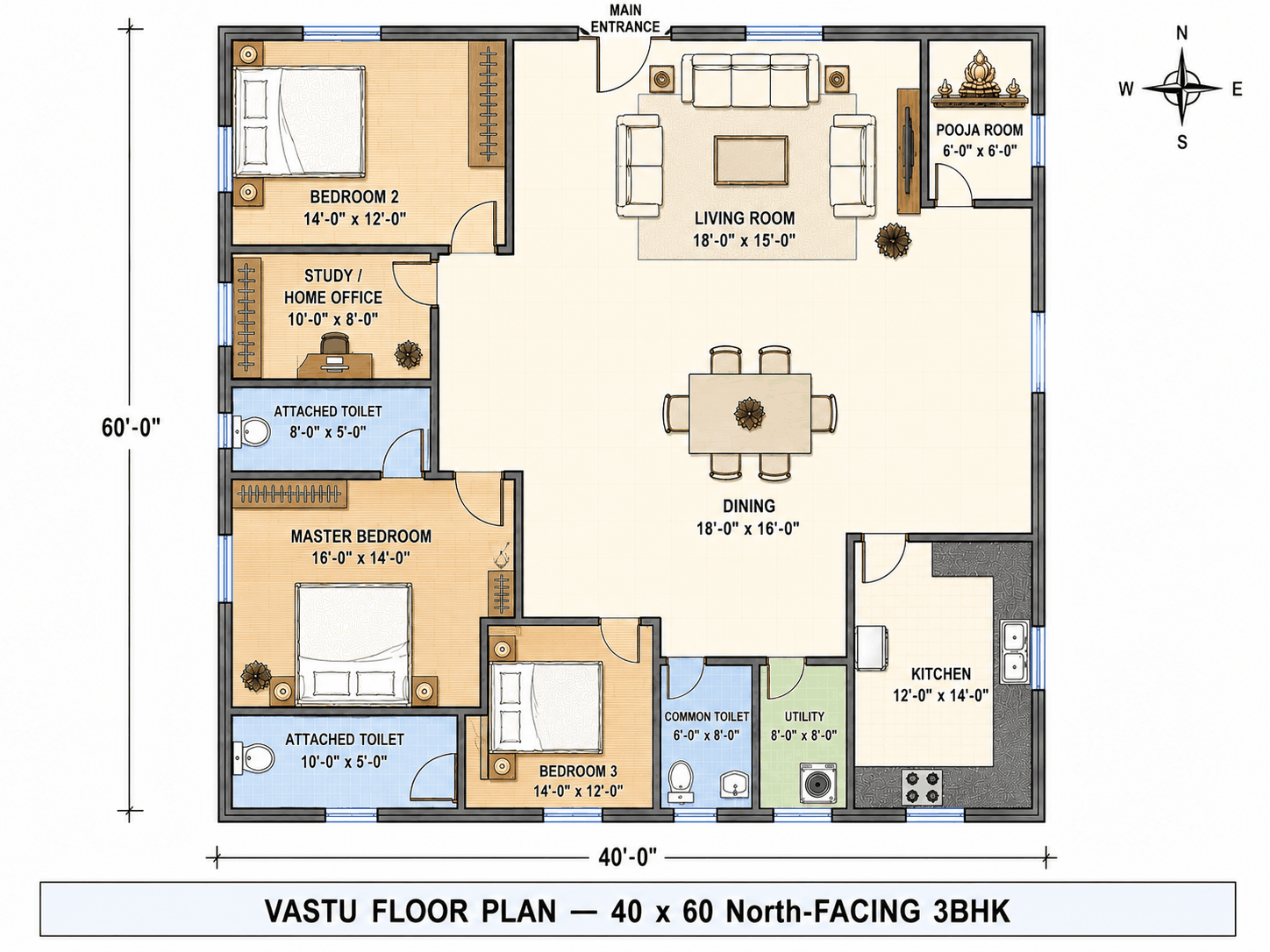 40 × 60 North-Facing 3BHK — Vastu floor plan