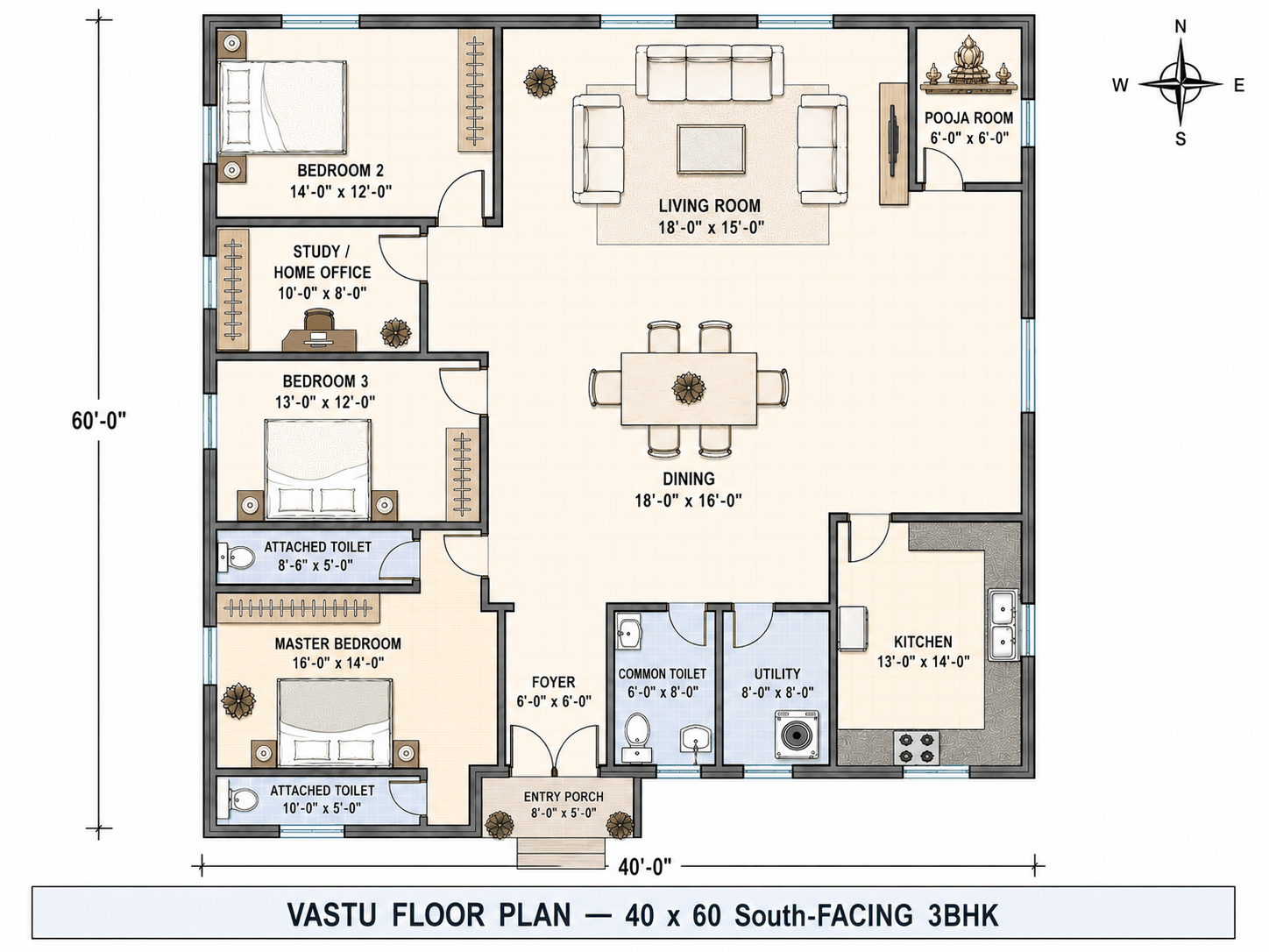 40 × 60 South-Facing 3BHK — Vastu floor plan