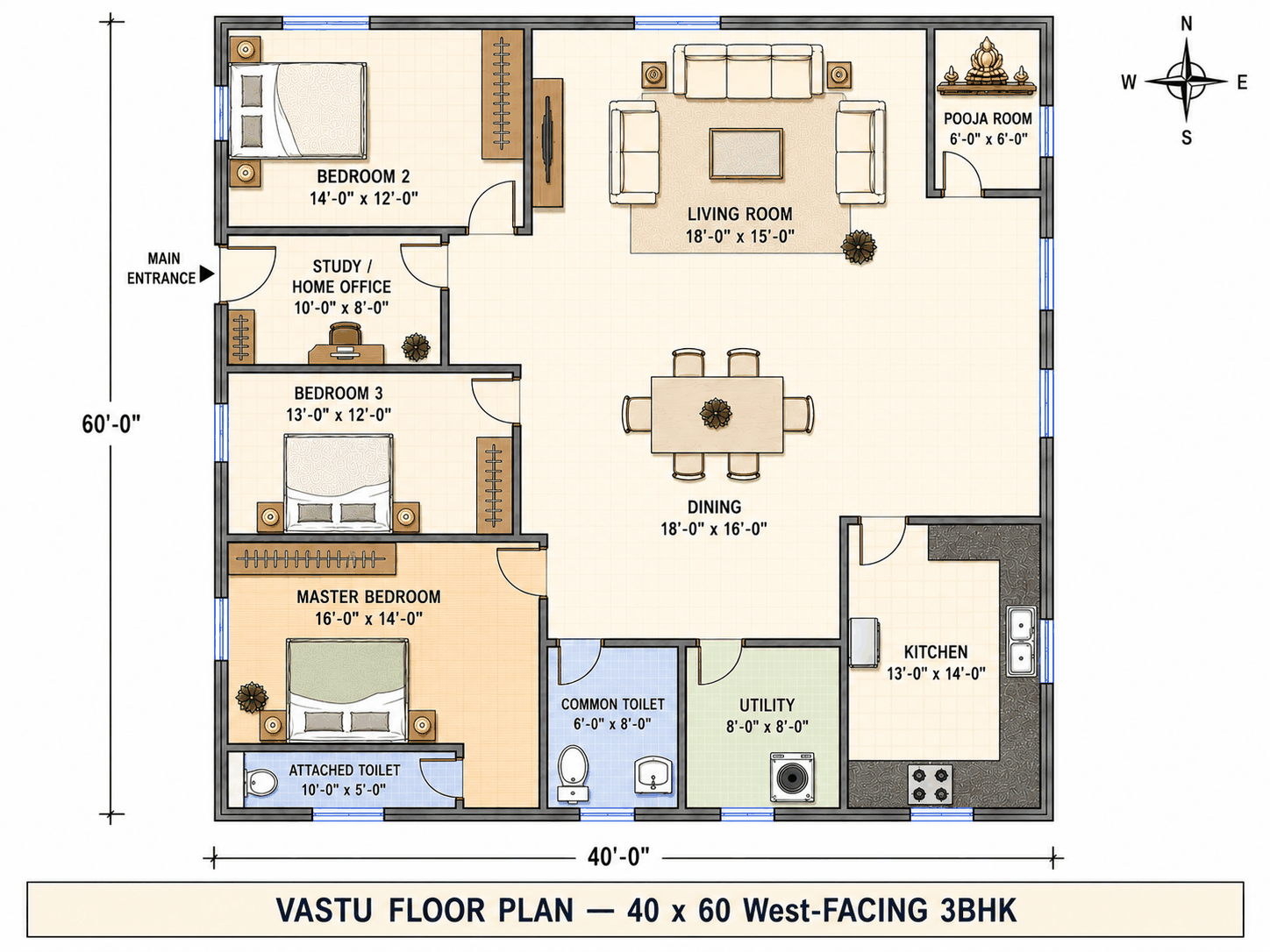 40 × 60 West-Facing 3BHK — Vastu floor plan