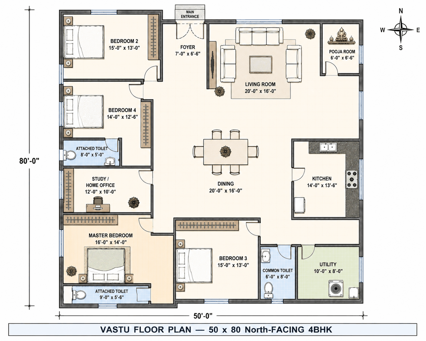 50 × 80 North-Facing 4BHK — Vastu floor plan