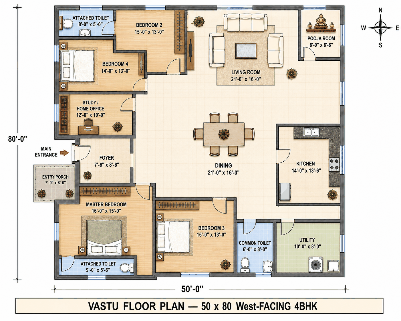 50 × 80 West-Facing 4BHK — Vastu floor plan